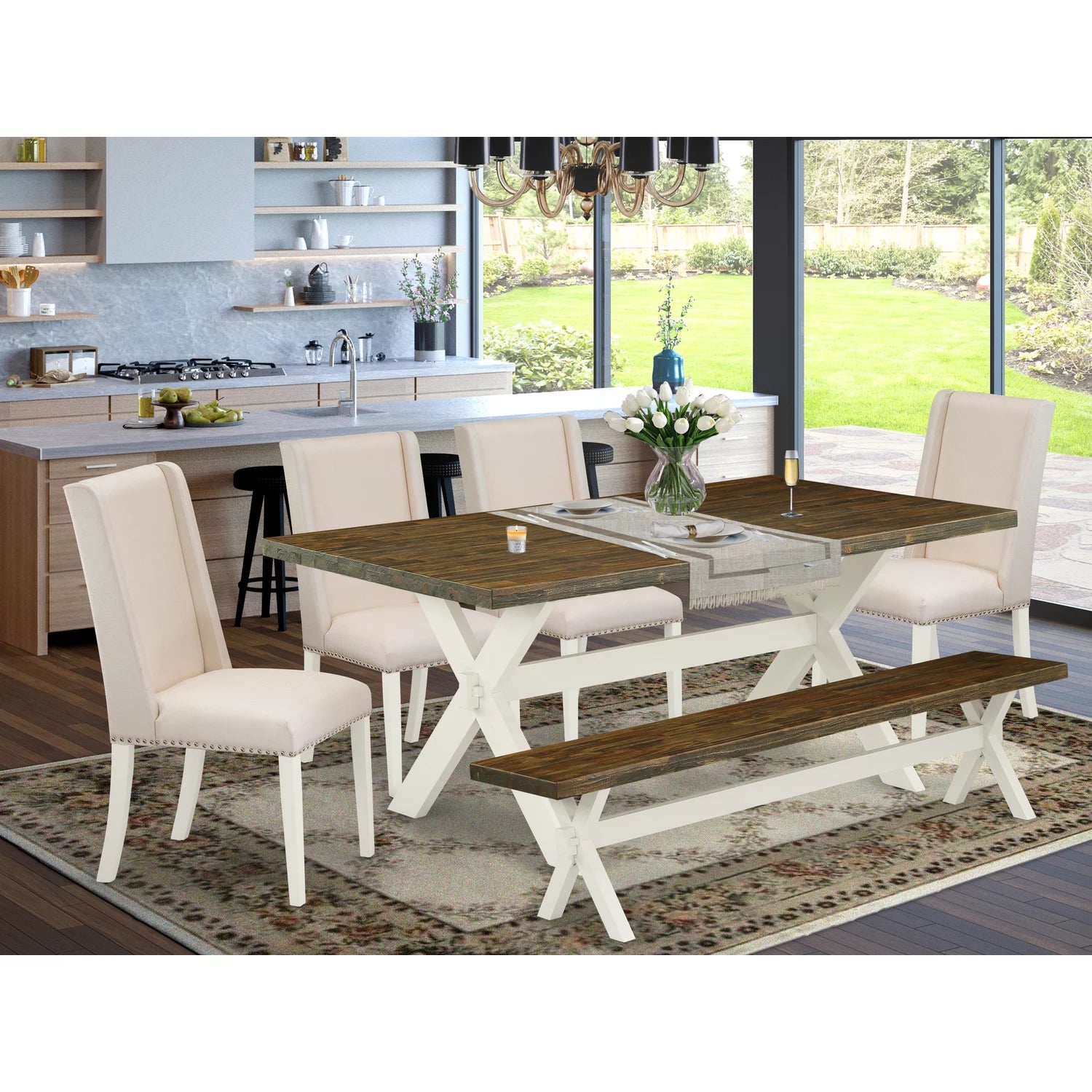 6-Pc Dining Table Set with Cream Linen Fabric Seat and Rectangular Top X928