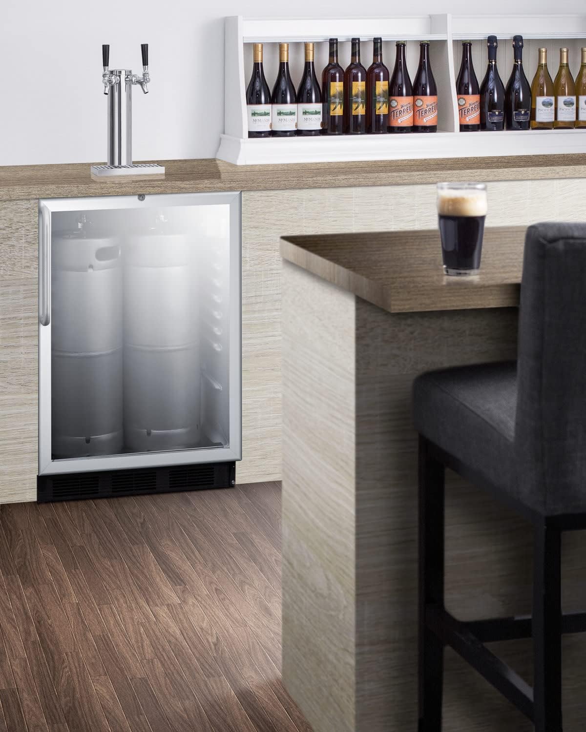 Built-in Undercounter Dual Tap Beer Dispenser with Glass Door and Stainless Steel Cabinet O5456