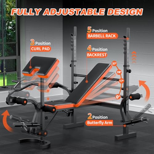 Adjustable Weight Bench with Leg Extension, Preacher Curl & Butterfly Arm, 990lbs Heavy Duty Bench Press C84127