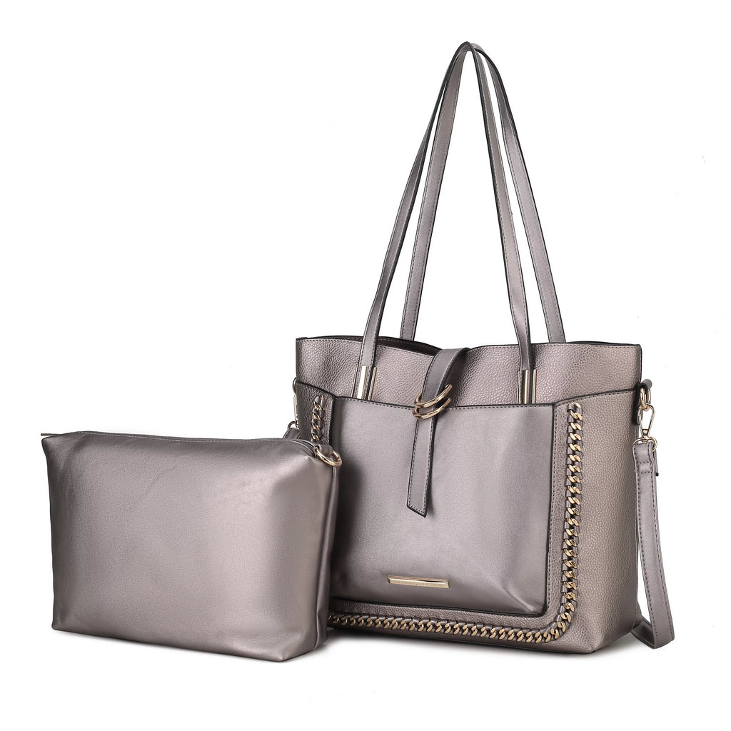 Vegan Leather Women's Shoulder Bag Crossbody Pouch 2 pcs Pewter D7386