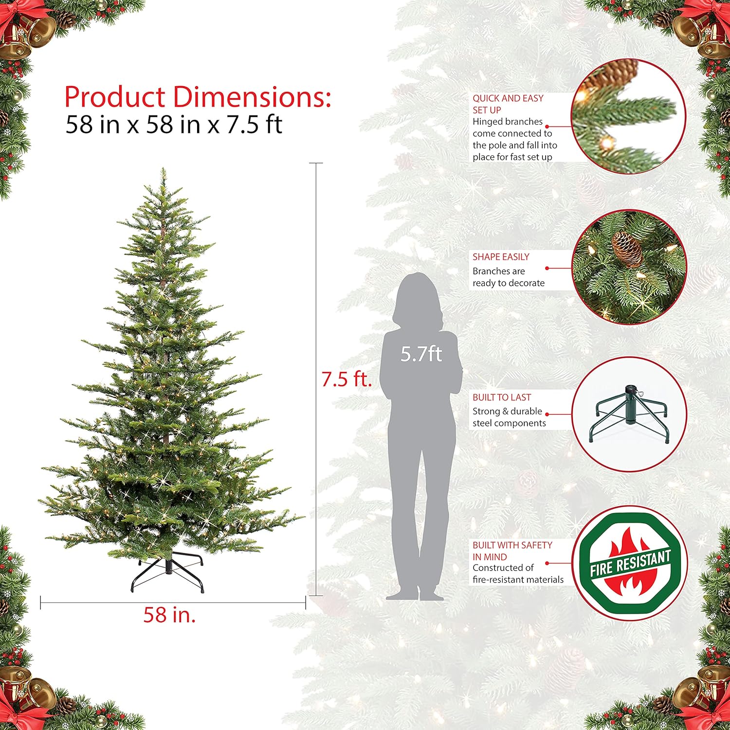 7.5 Foot Pre-Lit Artificial Christmas Tree with 700 Clear Lights K221