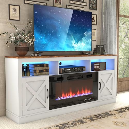 Grey 70 Inch TV Stand with Electric Fireplace and Barn Door Cabinet X624