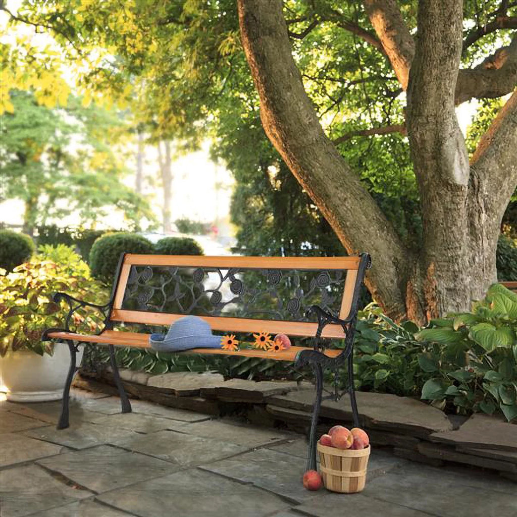 49-Inch Cast Iron Steel Frame Hardwood Garden Bench with Floral Design Backrest E14993