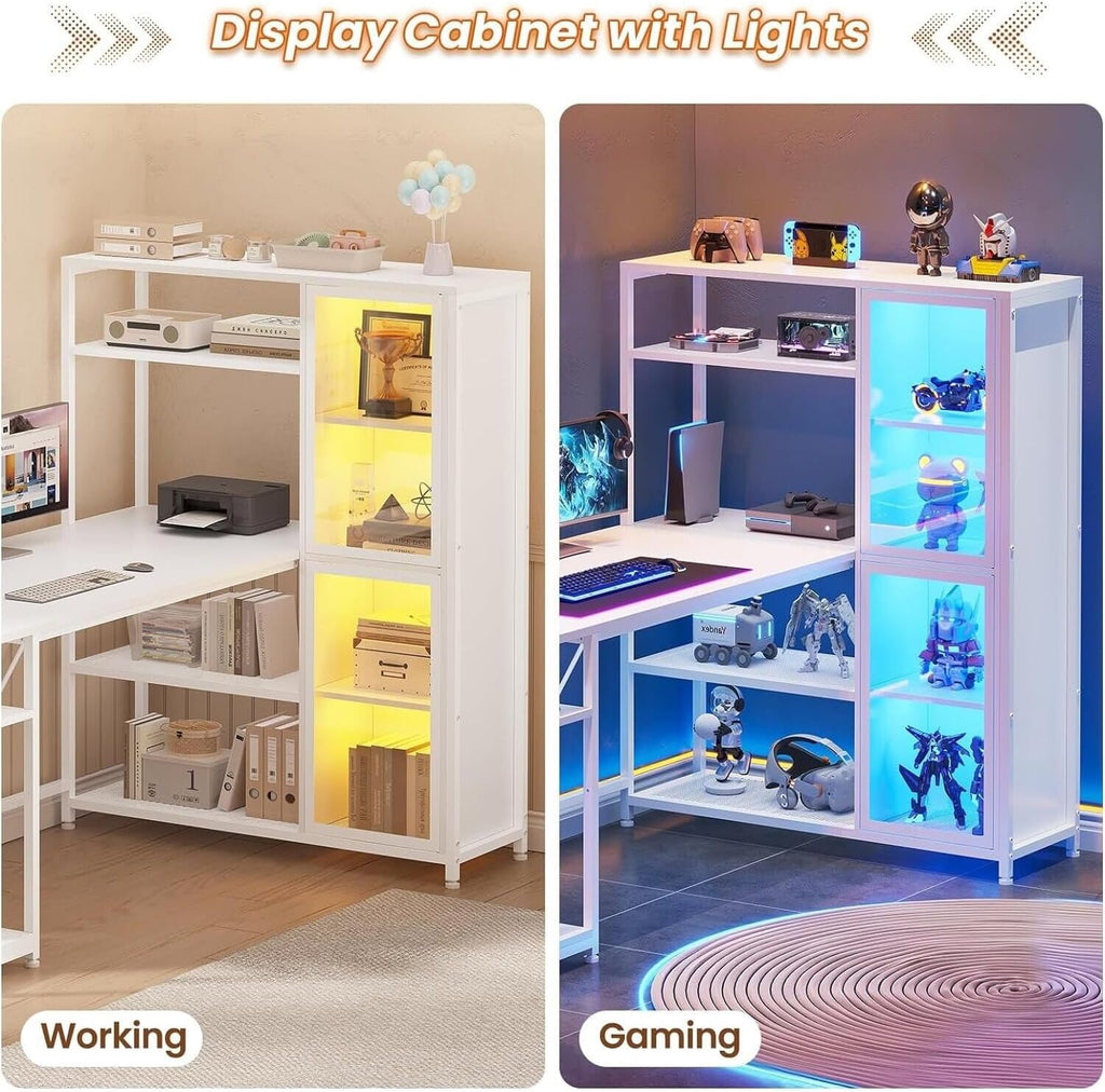 White L Shape Computer Desk with LED Light Shelves H907