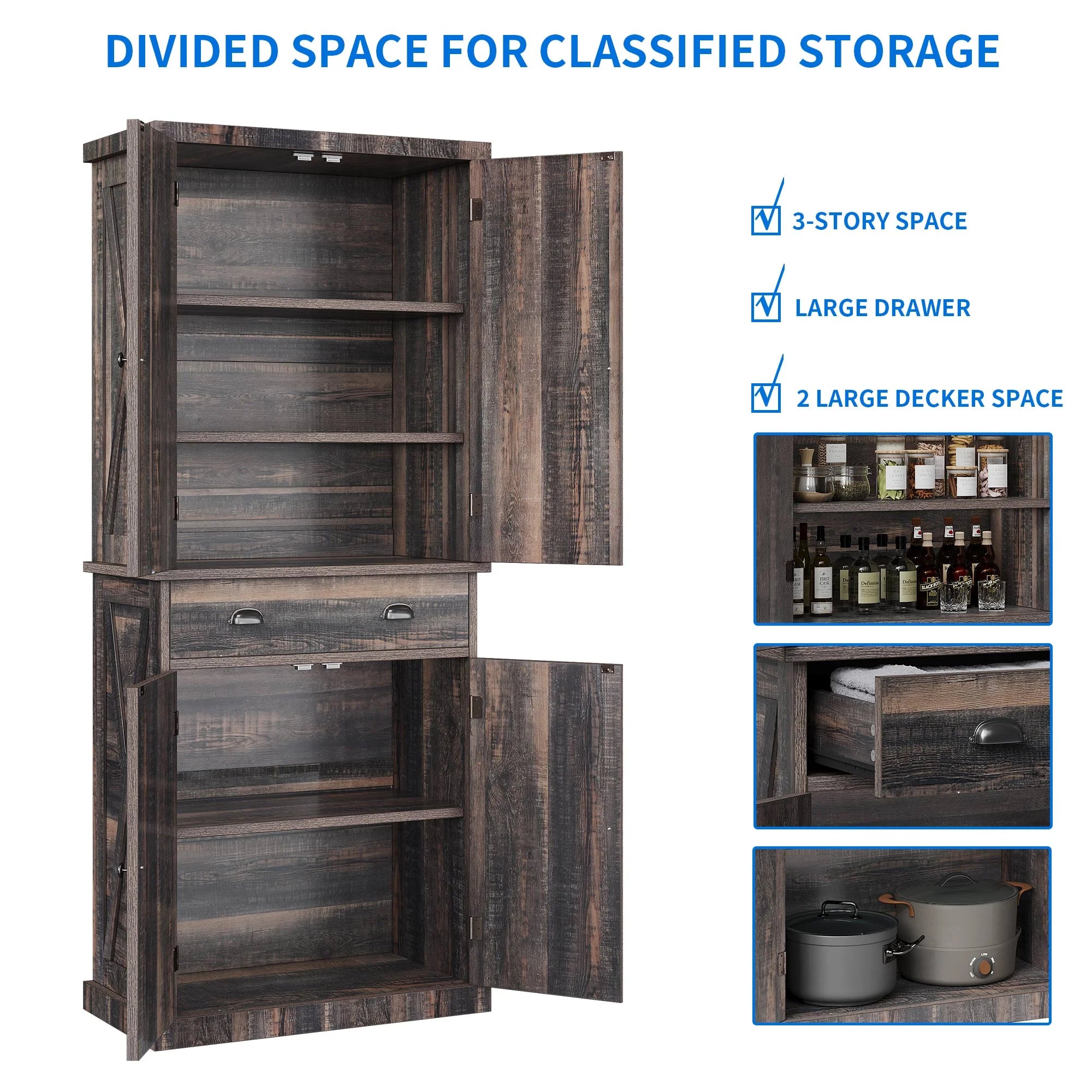 Rustic Oak 6-Tier Kitchen Pantry Storage Cabinet with 4 Doors T535147