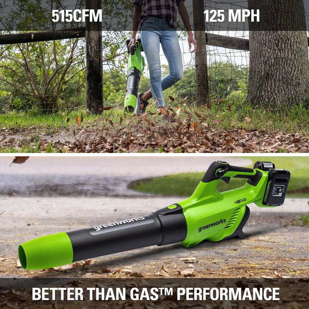 48V Brushless Leaf Blower 515CFM 125MPH with 2 2.0Ah Batteries & 4A Dual Port Charger A1821