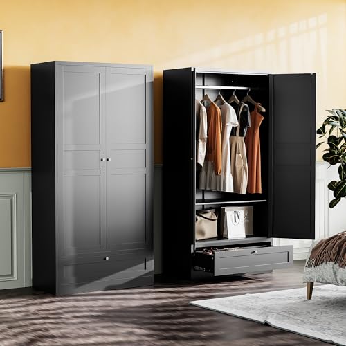 White Metal Wardrobe Cabinet with Adjustable Shelves and Hanging Rod A913069