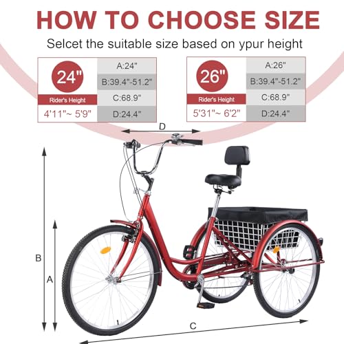 24/26-Inch 3-Wheel Adult Tricycle with 7-Speed Gearing and Basket A16270
