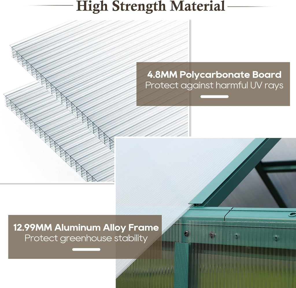 Aluminum Polycarbonate Greenhouse 6'x 8' with Adjustable Roof Vent and Rain Gutter W917979