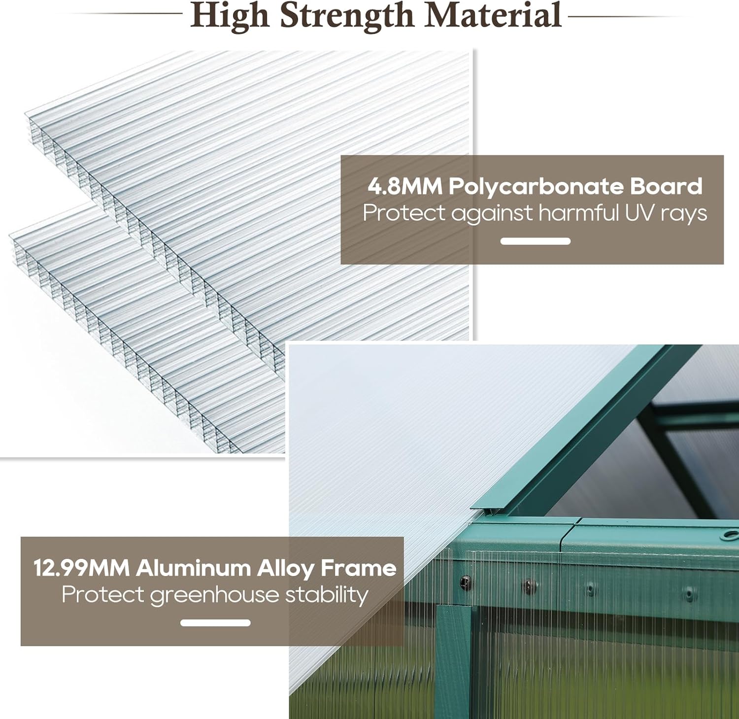 Aluminum Polycarbonate Greenhouse 6'x 8' with Adjustable Roof Vent and Rain Gutter W917979