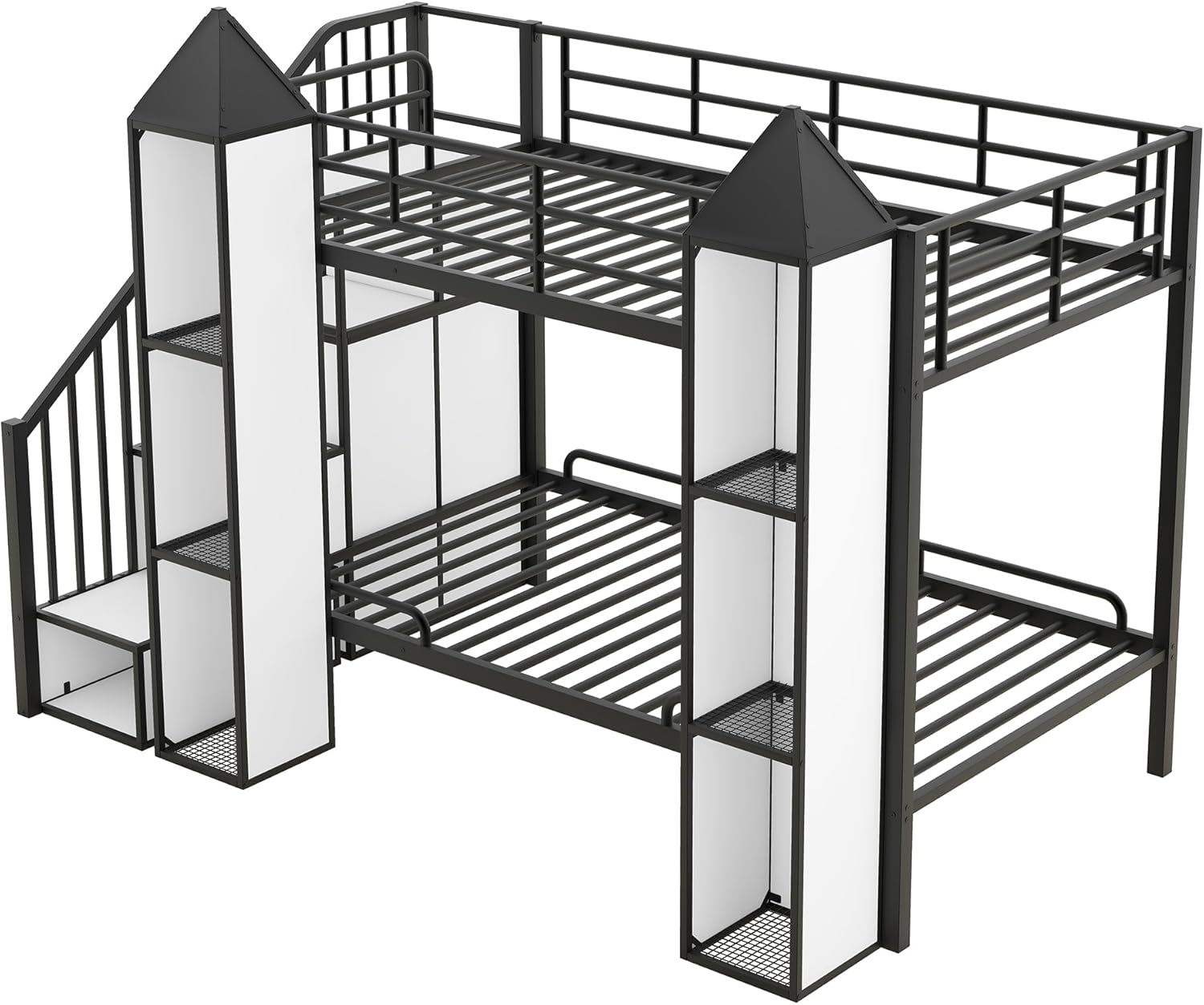 Black+White Twin Over Twin Metal Bunk Bed with Stairs and Storage Z273