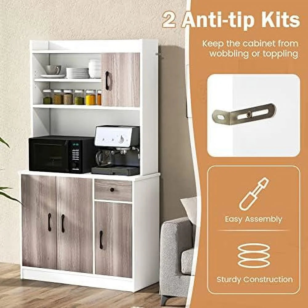 White Freestanding Kitchen Pantry Cabinet with 3 Cabinets & Drawer H337