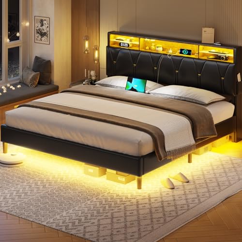Creamy White Velvet Upholstered Full Size Bed Frame with Headboard Storage and LED Lights L3297