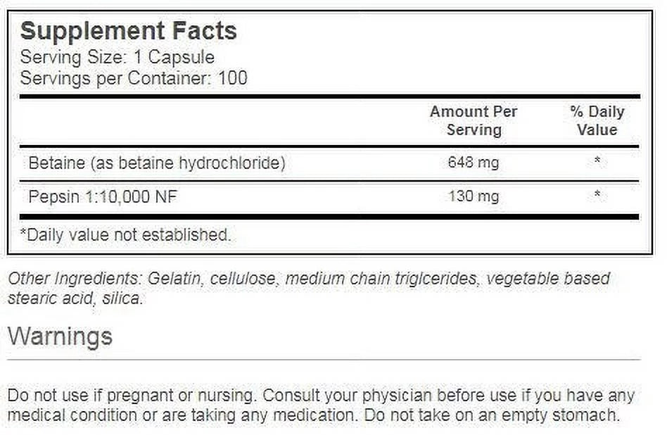 100 Ct Betaine HCl Capsules K4890
