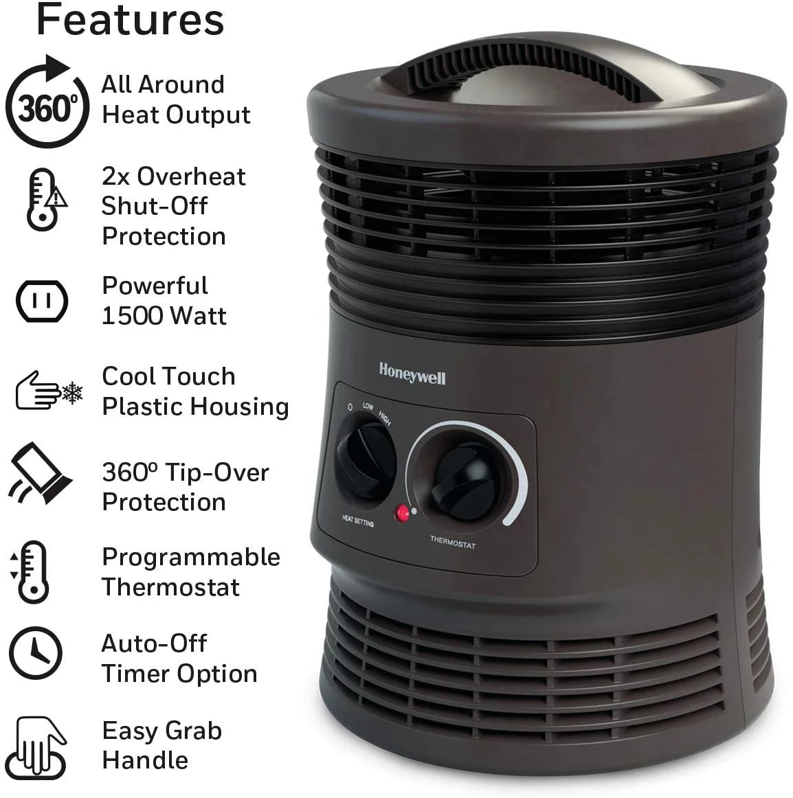 360 Degree Surround Fan Forced Heater Charcoal Grey Portable Heater with Adjustable Thermostat F952029