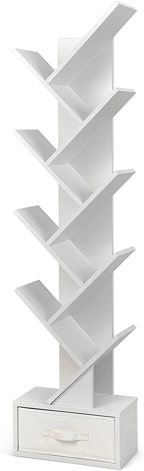 White 10 Shelf Wooden Bookcase with Drawer H252