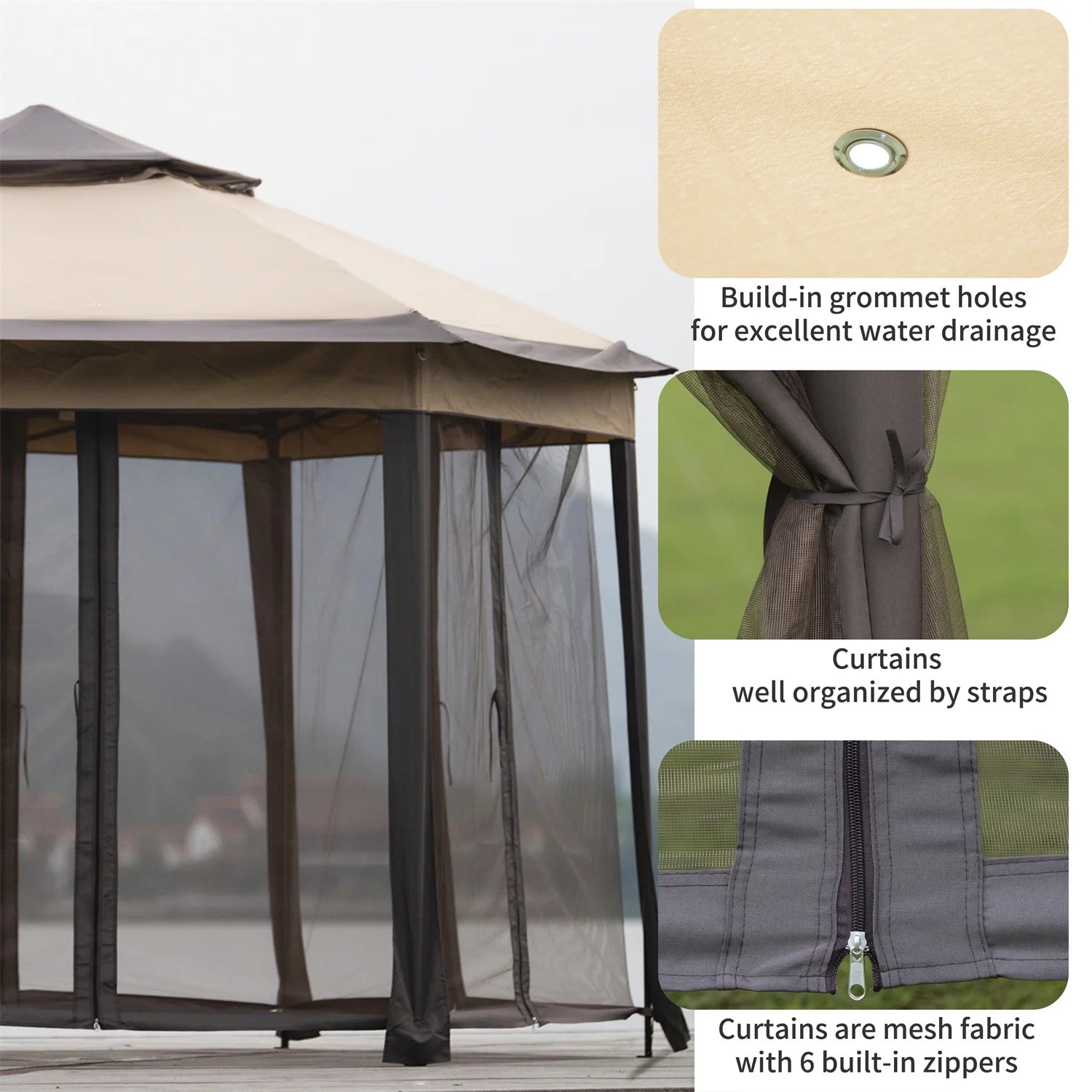 13x13FT Outdoor Gazebo with Mosquito Netting Sidewalls D1096