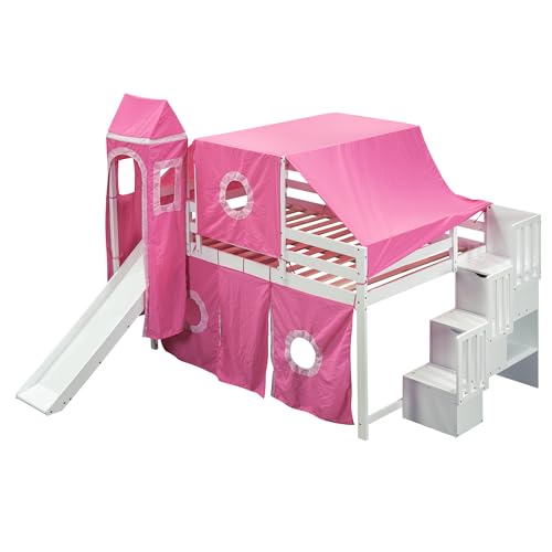 Full Loft Bed with Slide, Storage Stairs, and Tent, Dark Blue T6822