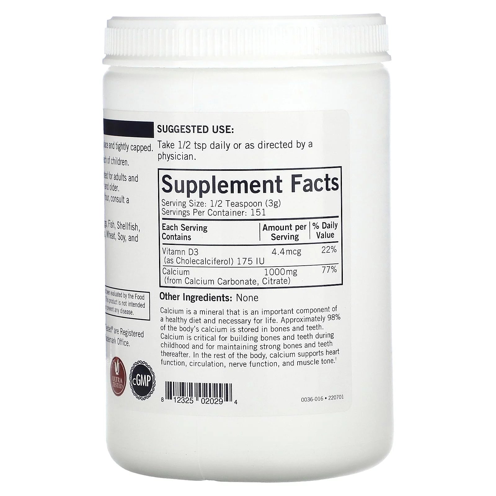 Calcium Powder Plus Vitamin D-3, Unflavored, 16 oz D4351