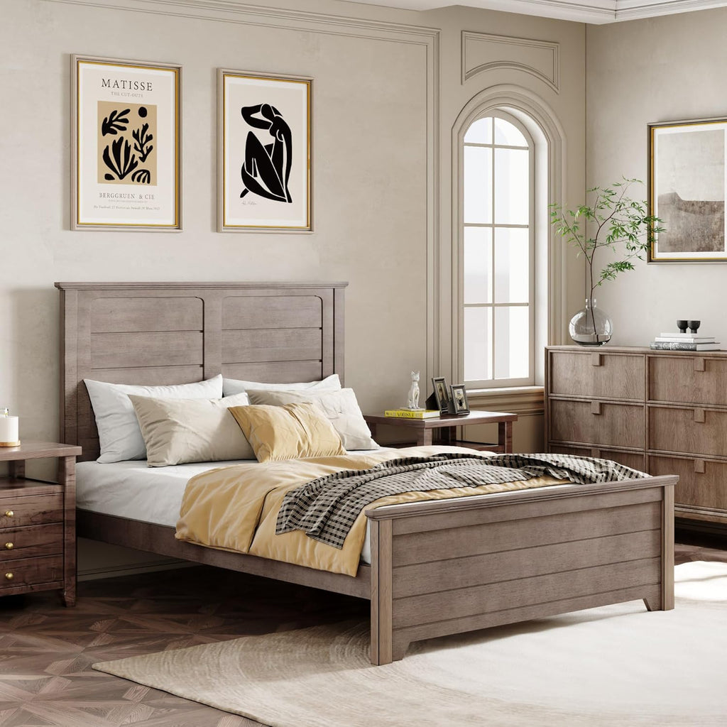 Full Size Wood Platform Bed with High Headboard and Footboard E64344