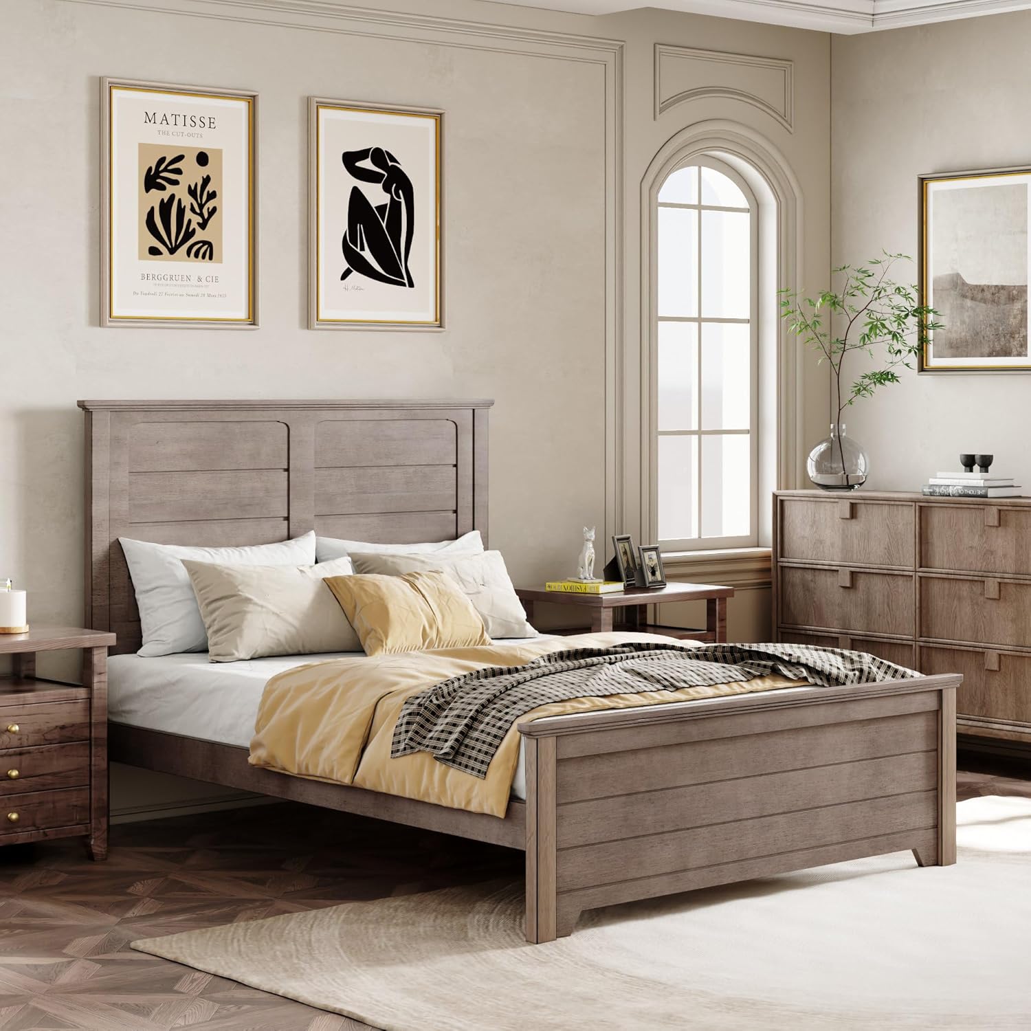 Full Size Wood Platform Bed with High Headboard and Footboard E64344