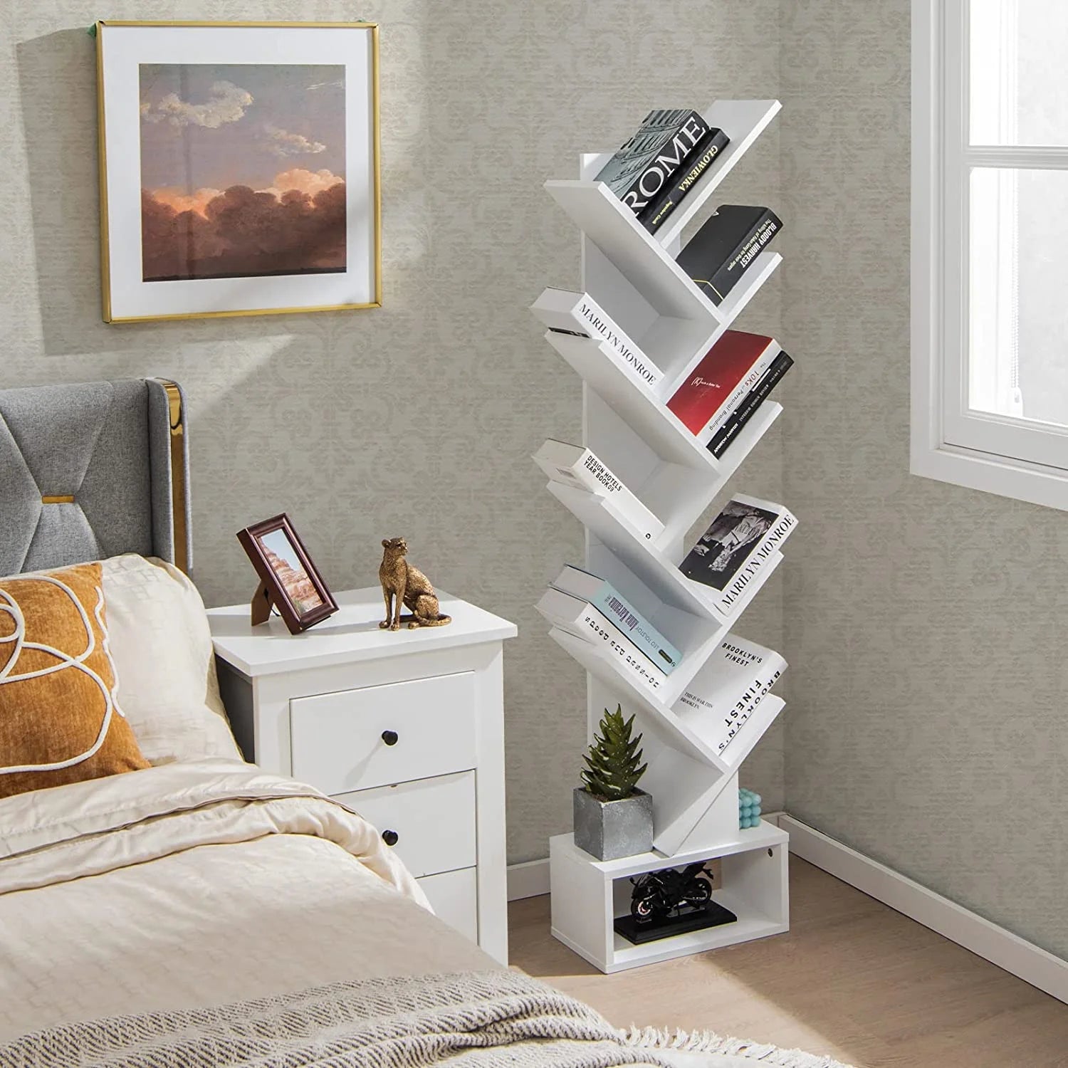 White 10 Shelf Wooden Bookcase with Drawer H252