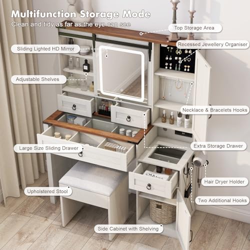 White 42" Glass Tabletop Vanity Desk with Mirror and Lights, 4 Drawers B73755