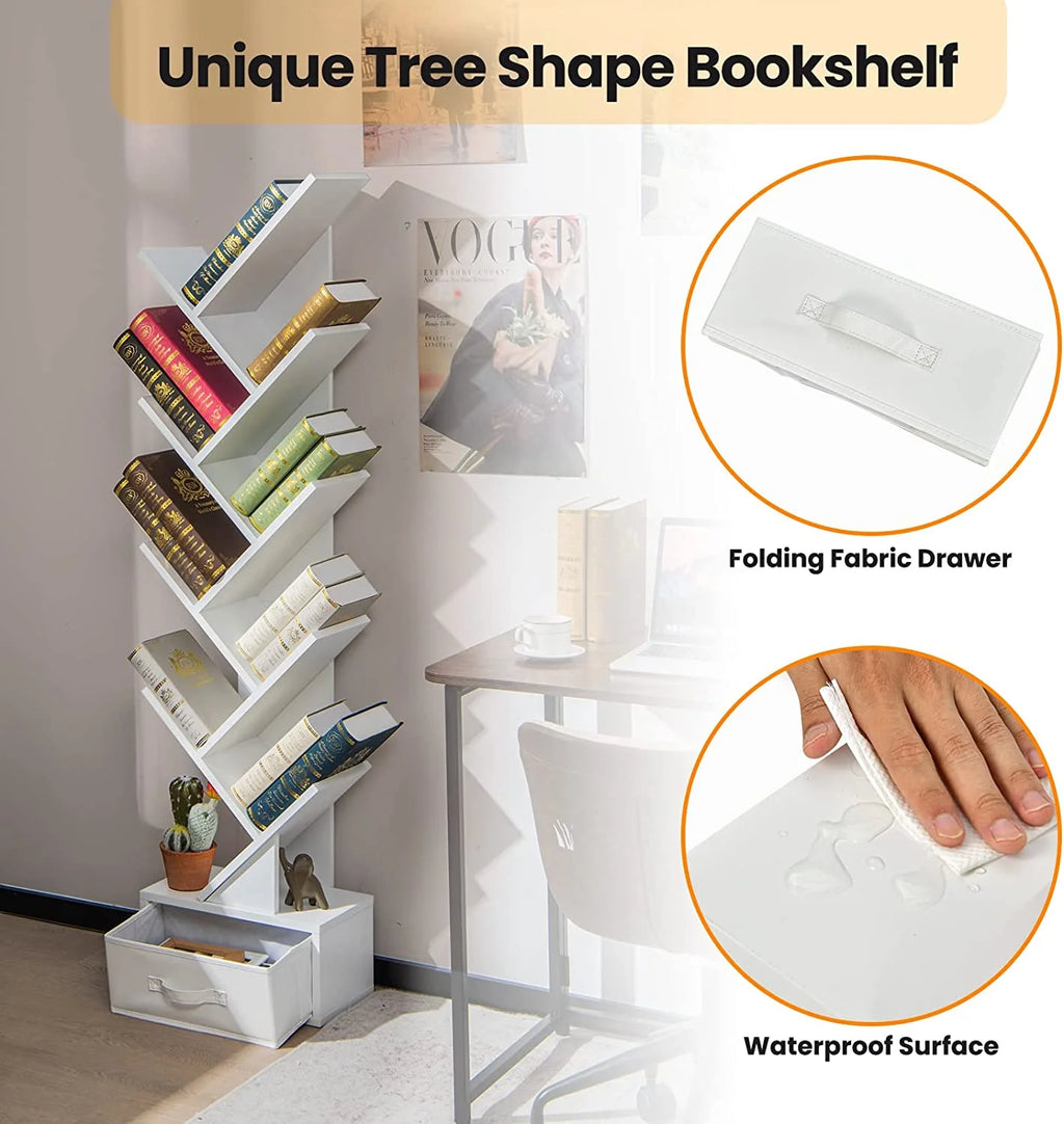 White 10 Shelf Wooden Bookcase with Drawer H252