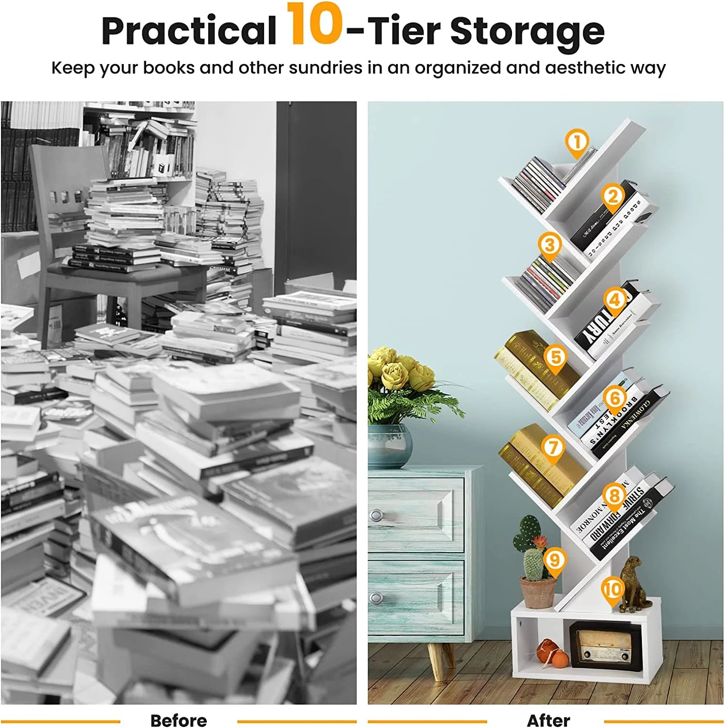 White 10 Shelf Wooden Bookcase with Drawer H252
