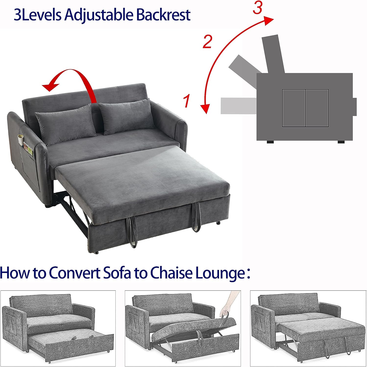 54" 3-in-1 Convertible Sleeper Pull Out Sofa Bed Recliner Grey Z10714