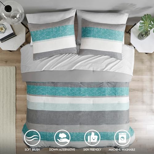 Queen Aqua/Grey 7 Piece Microfiber Comforter Set N213541