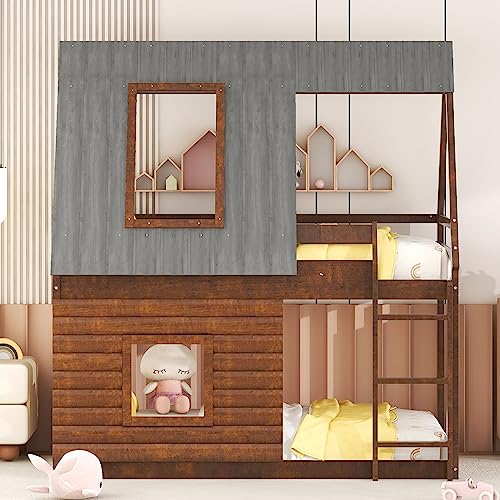 Oak & Smoky Grey Twin Over Twin Wood Bunk Bed with Roof and 2 Windows K11720