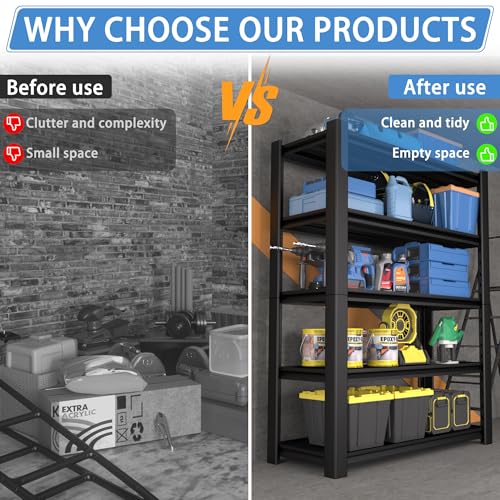 5-Tier Heavy Duty Garage Shelving Unit, 3000 LBS Capacity Metal Storage Rack 72" H x 48" W x 20" D, Adjustable Steel Shelves R174