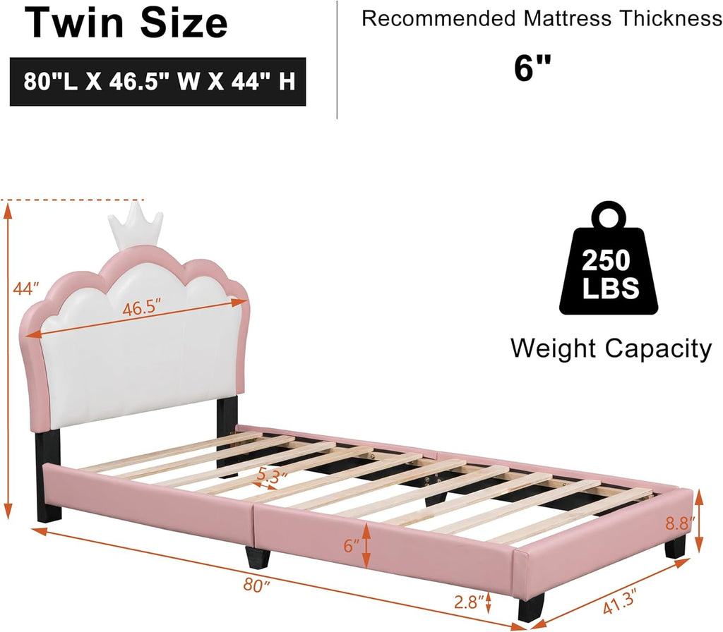 Pink Twin Size PU Upholstered Princess Bed Frame with Crown Headboard G84329