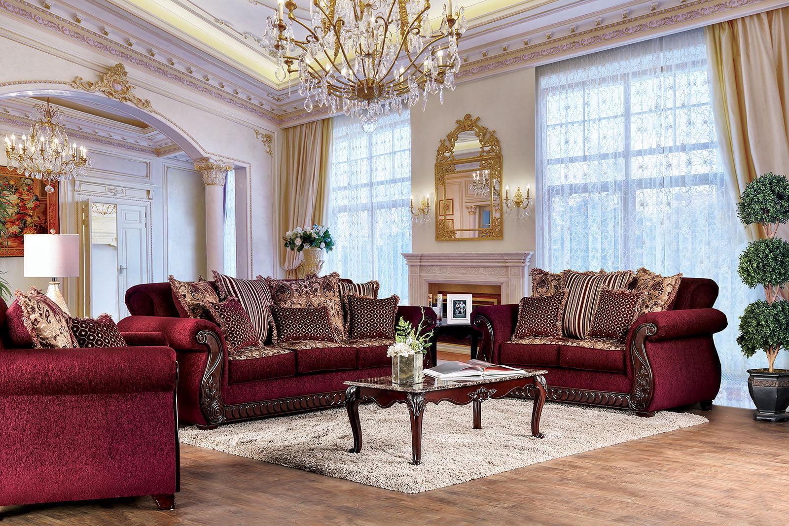 Traditional Wine Gold Fabric Living Room Set 3pcs I756
