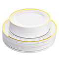 100 White Plastic Plates with Gold Trim, 50 Dinner Plates 10.25" + 50 Salad Plates 7.5" B731