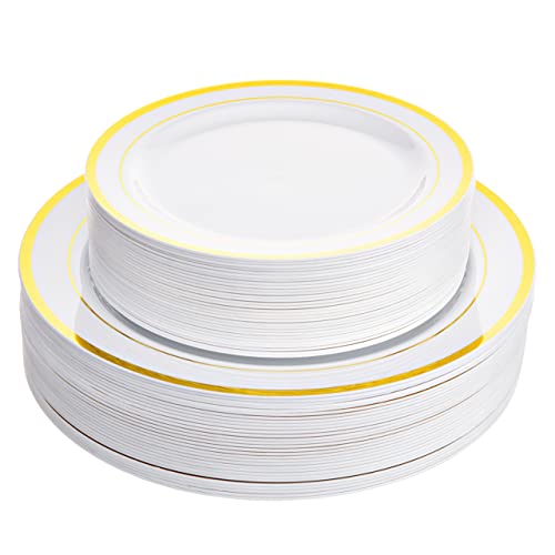 100 White Plastic Plates with Gold Trim, 50 Dinner Plates 10.25" + 50 Salad Plates 7.5" B731