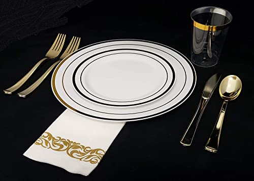 100 White Plastic Plates with Gold Trim, 50 Dinner Plates 10.25" + 50 Salad Plates 7.5" B731