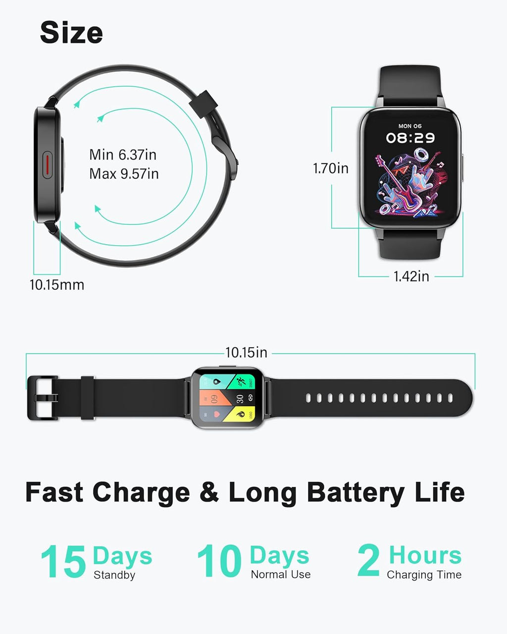 1.7" Smartwatch with Heart Rate SpO2 Sleep Monitor, 5ATM Waterproof Fitness Watch A5820
