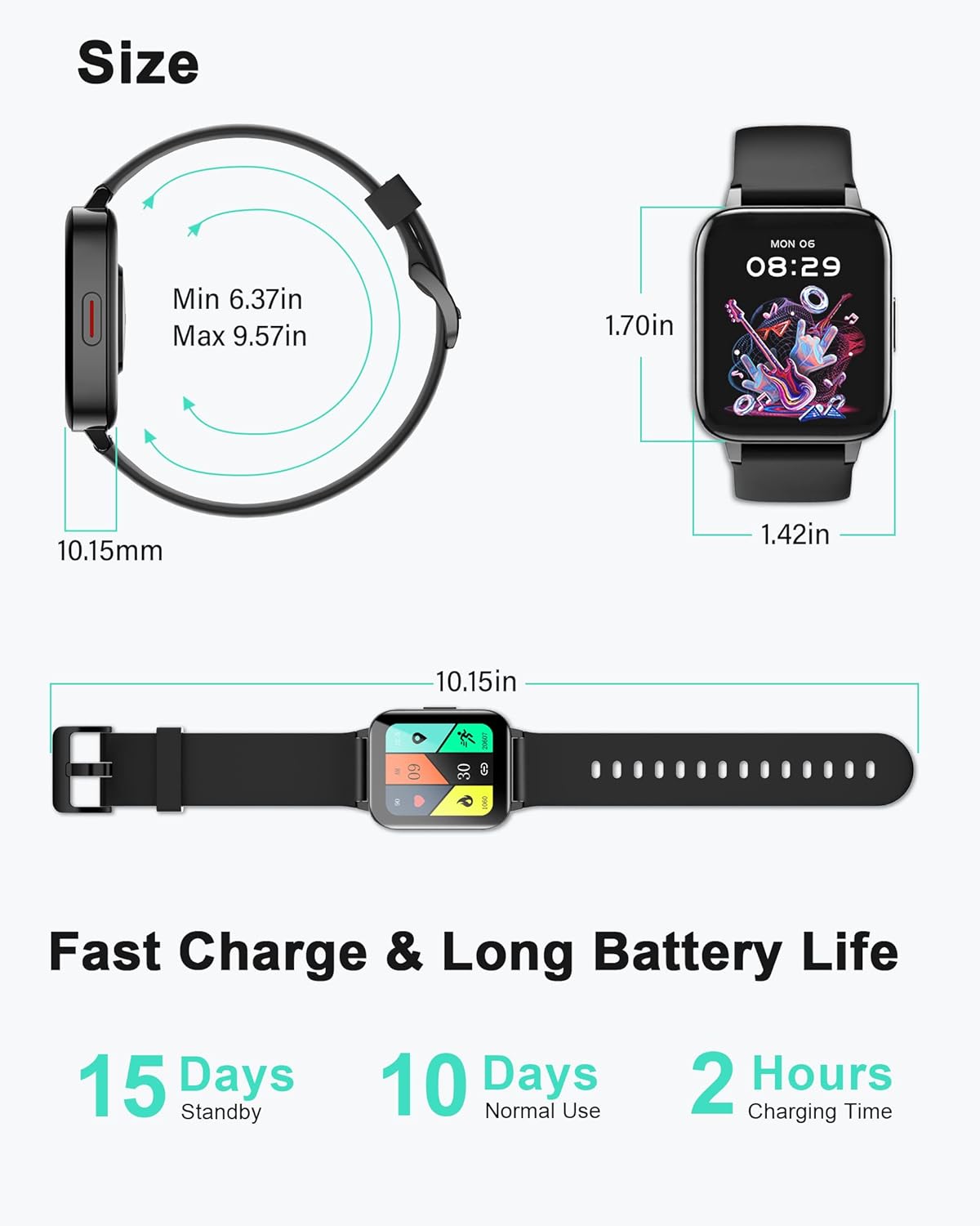 1.7" Smartwatch with Heart Rate SpO2 Sleep Monitor, 5ATM Waterproof Fitness Watch A5820