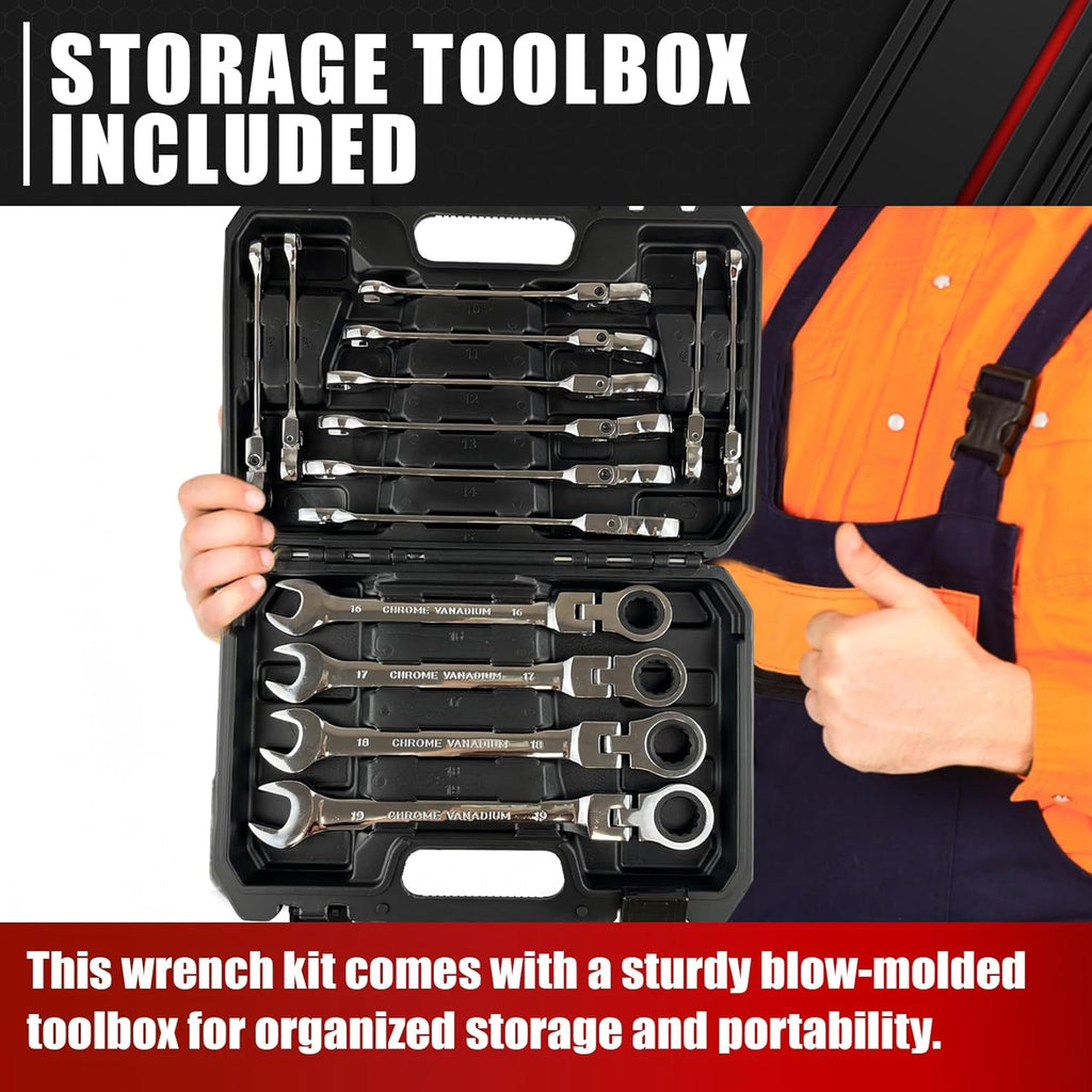 14-Piece 180° Flex-Head Ratcheting Wrench Set Metric 6-19mm 72 Teeth CR-V Steel C202029