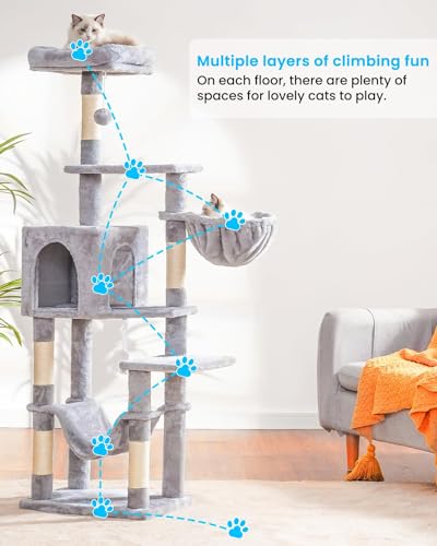 Light Gray Multi-Level Cat Tree with Hammock and Scratching Posts J5387