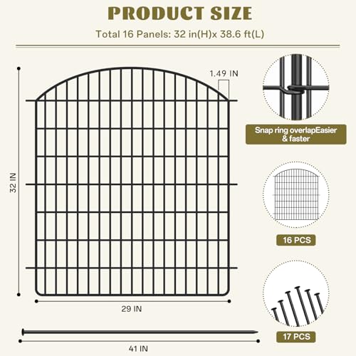 16 Panels 32in x 38.6ft Rustproof Metal Garden Fence with Gate T4746