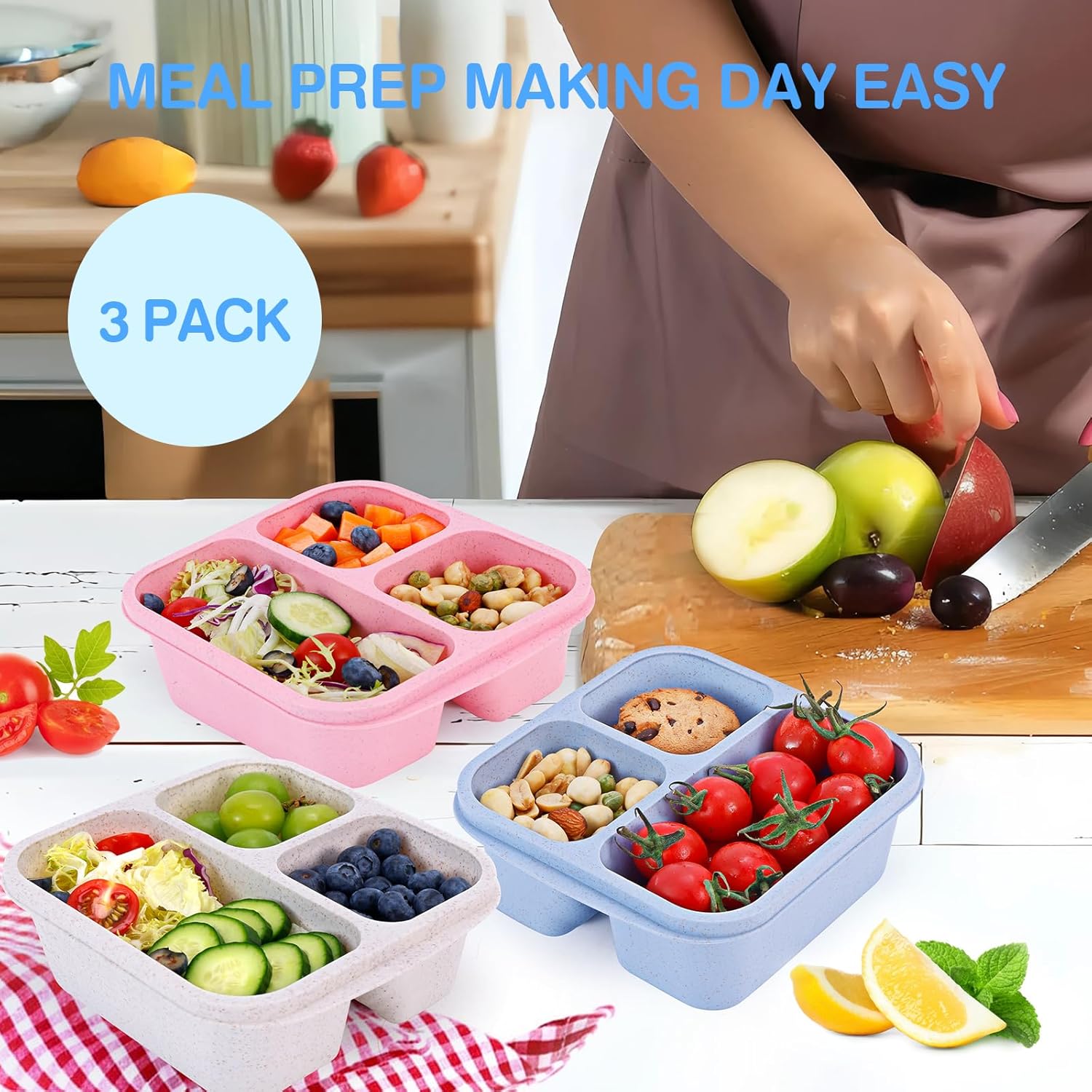 4 Pack 5 Compartments Divided Lunch Containers with Utensils E10570