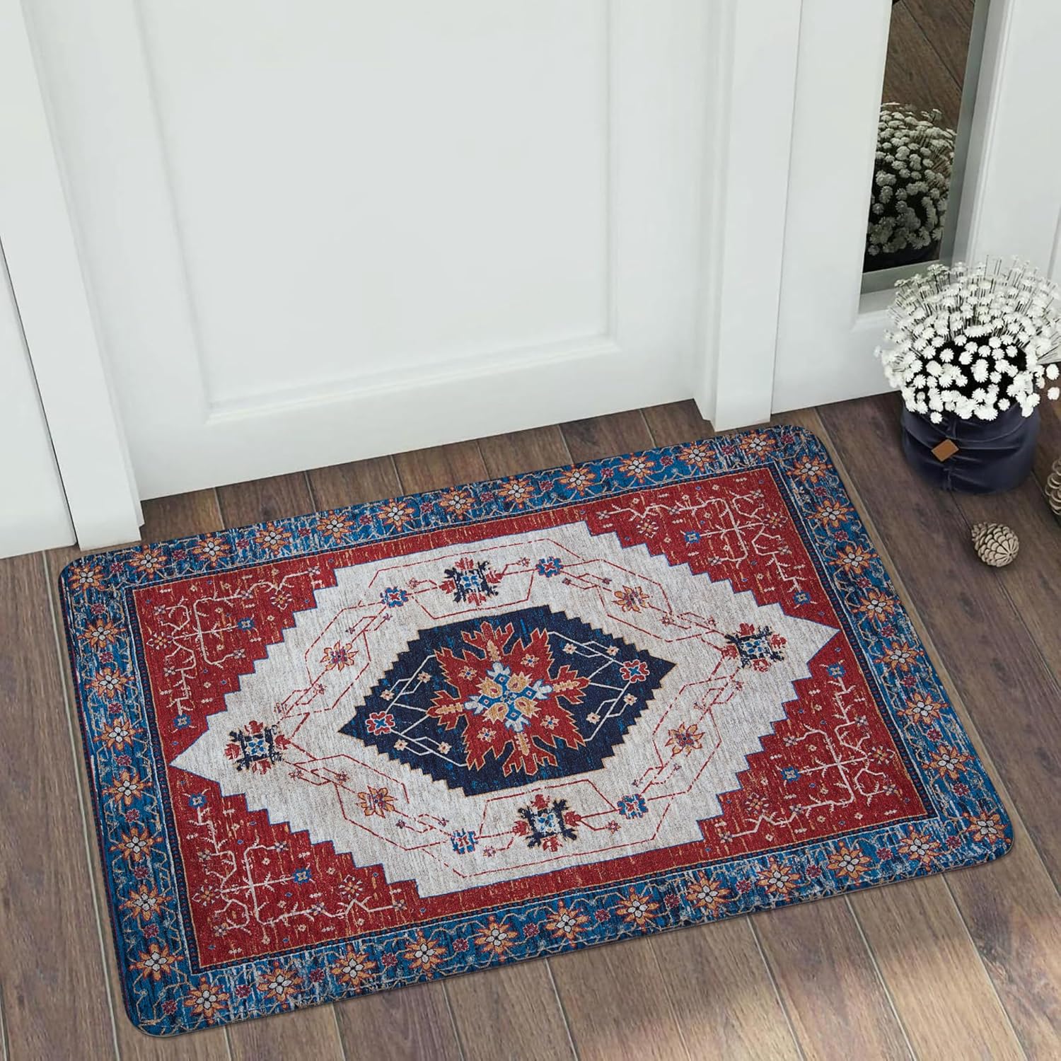Red/Multi 2'x3' Non Slip Washable Distressed Low-Pile Rug O345543