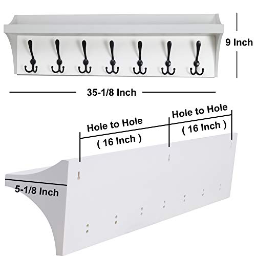 White 24” Solid Pine Wood Wall Shelf with 5 Hooks Q55203