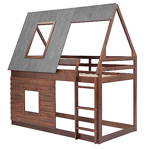 Oak & Smoky Grey Twin Over Twin Wood Bunk Bed with Roof and 2 Windows K11720