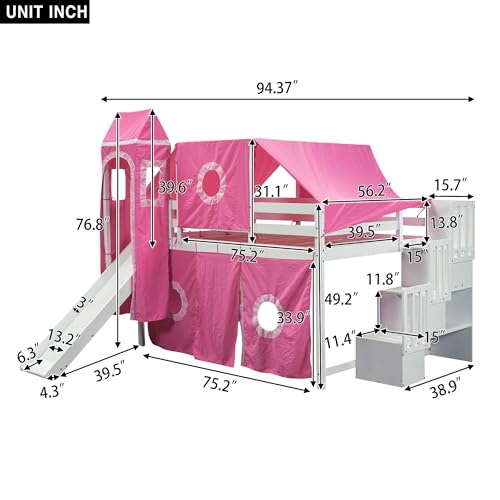 Full Loft Bed with Slide, Storage Stairs, and Tent, Dark Blue T6822
