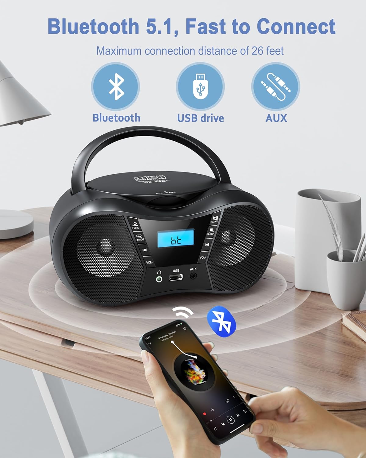 Portable CD Player Boombox with FM Radio, Bluetooth, LCD Display, USB/AUX Input, AC/Battery Powered O860