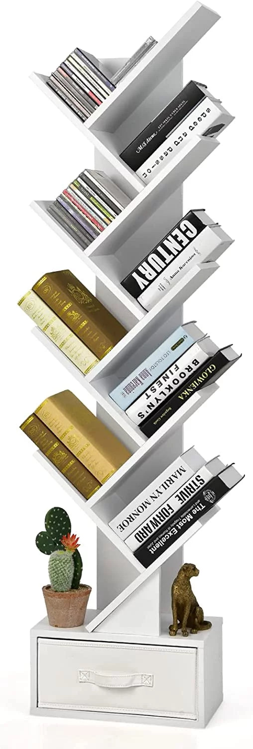 White 10 Shelf Wooden Bookcase with Drawer H252